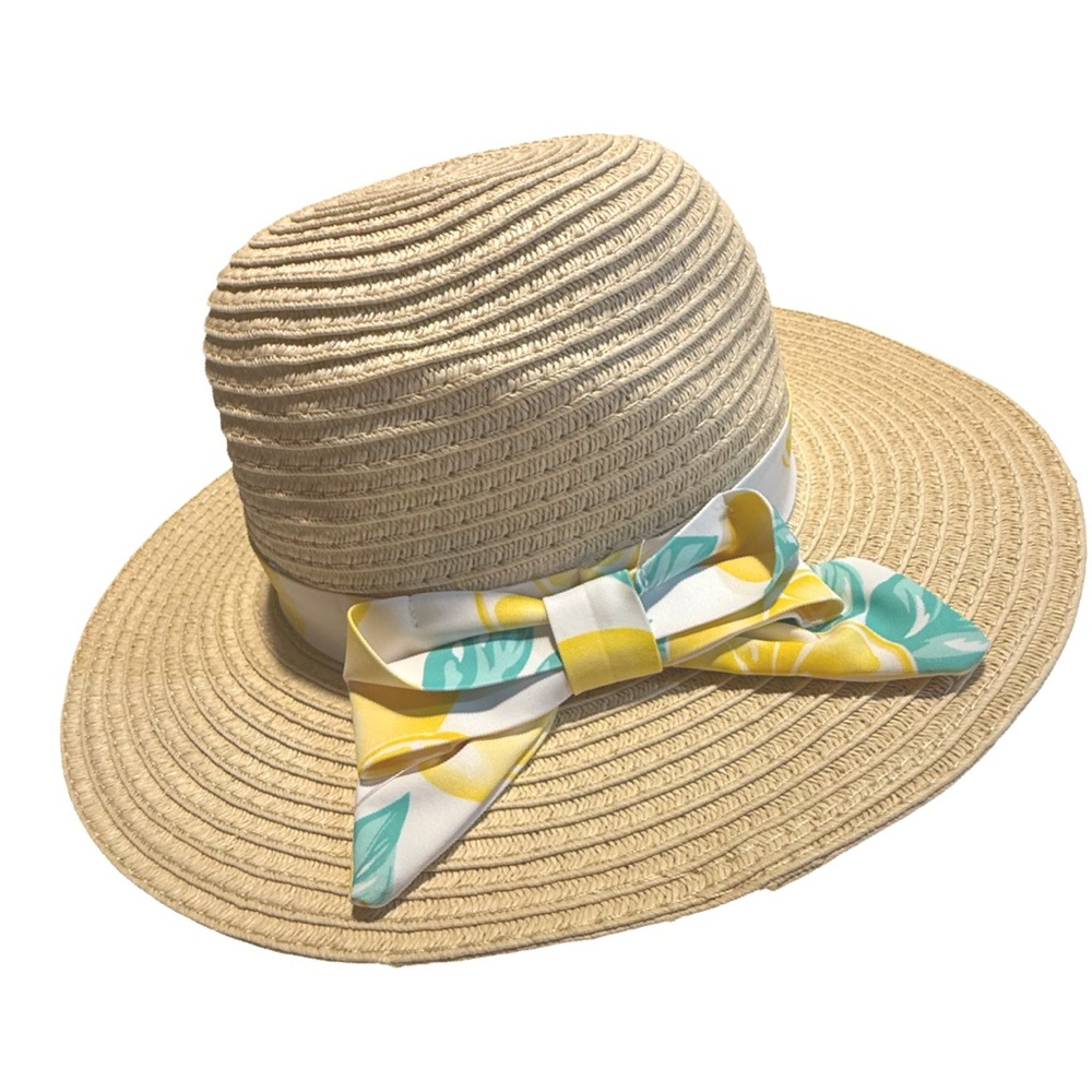 Straw Sun Hat with Floral Fabric Trimming